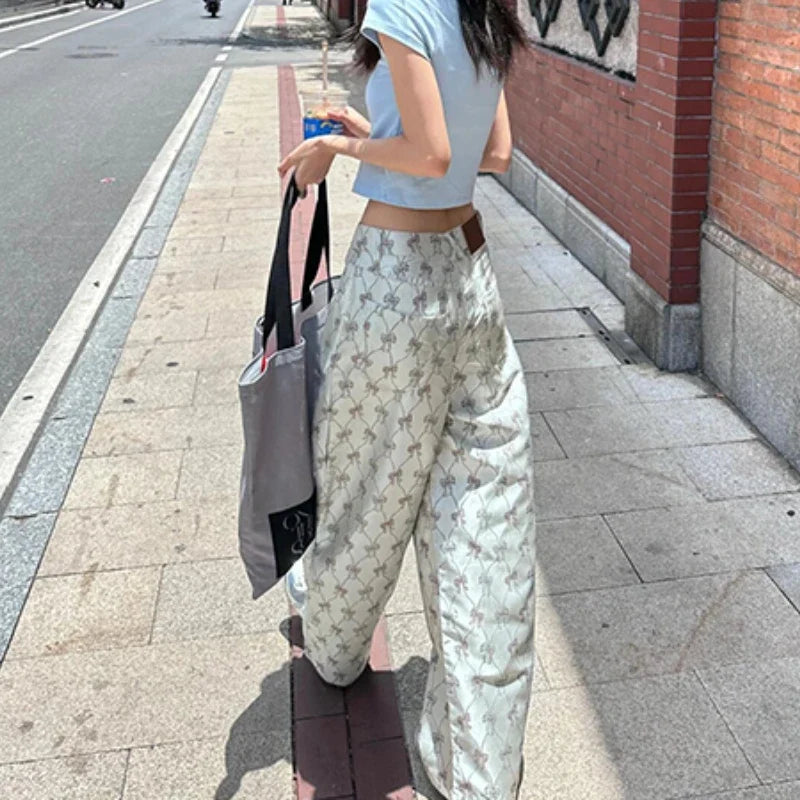 Y2k Vintage Baggy Pants Woman America Retro Casual Wide Leg Bow Print Trousers Sweet Harajuku High Street Pantalones