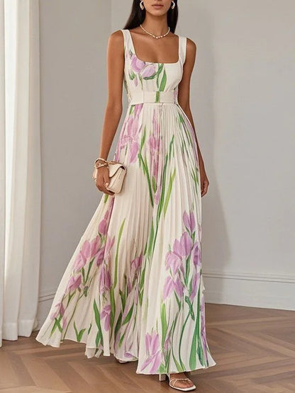 Elegant Print Belt Long Holiday Dress Women Square Collar Sleeveless Backless Pleated Party Dresses 2025 Summer Lady Floral Robe