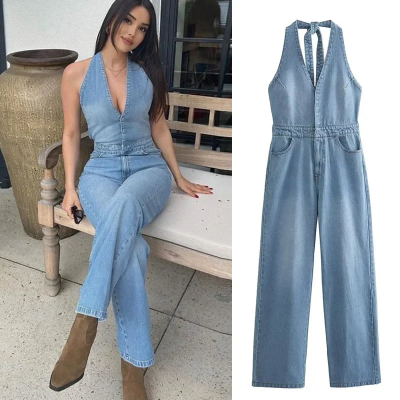 Sexy Backless Sleeveless Deep V Neck Jump Suits for Women Jumpsuit Vintage Cotton Denim Long Overall Jumpsuits Summer