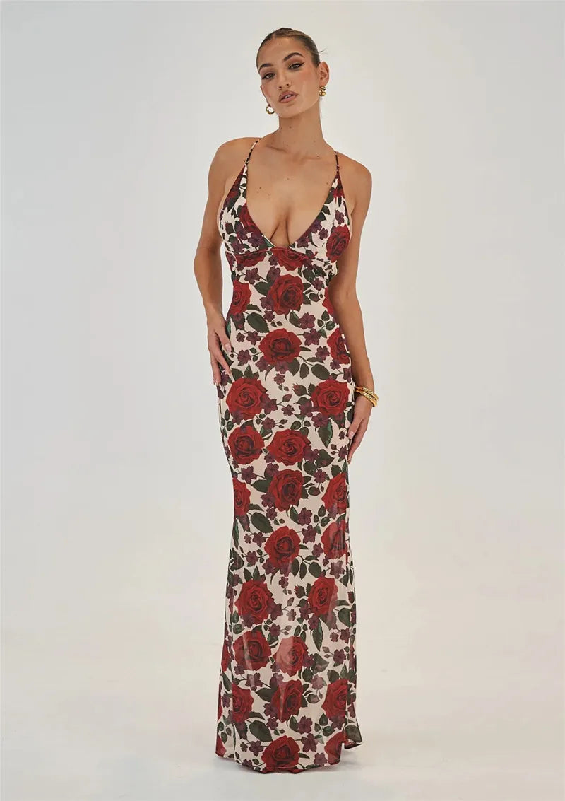 Floral Print Deep V Spaghetti Strap Bodycon Maxi Dress
