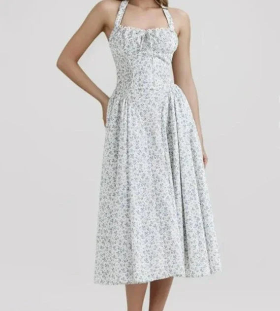 Halter Sweetheart Ruffle Trim Ditsy Floral Fit and Flare Midi Dress
