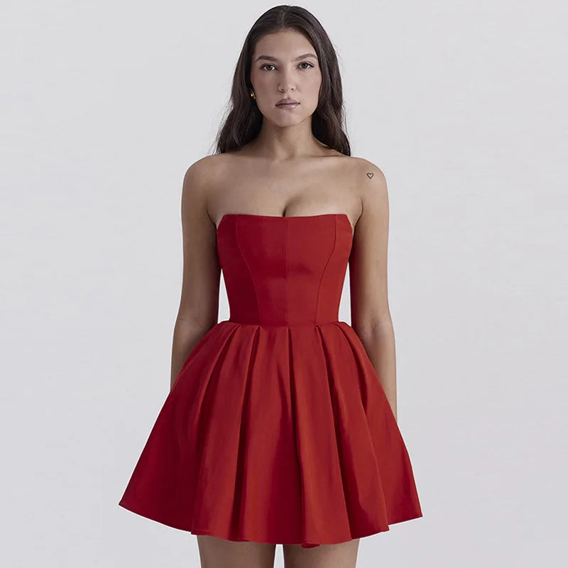Strapless Corset Panel Pleated Fit and Flare Mini Dress