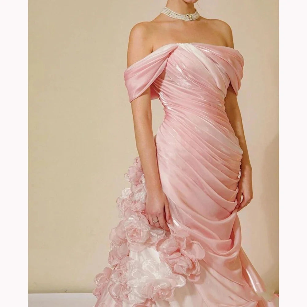 Women Dress Gradual Pink Gradient Formal Dress with Roses Strapless Sleeveless Elegant Chic Evening Party Gown