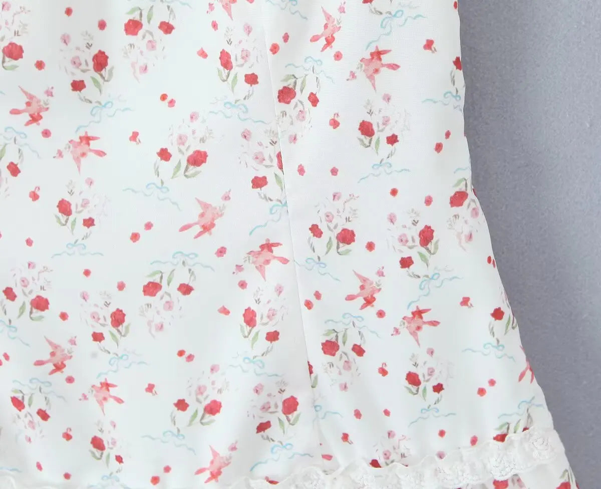 Sweet Girl French Style Floral Print Sleeveless Dress Women Lace Spliced A-line Summer Mini Dress Holiday Robe Vestidos