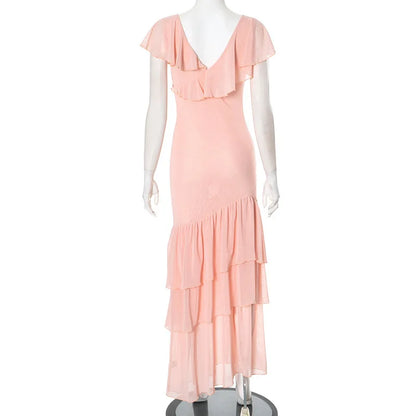 Mesh Patckwork Ruffled Edge Tank Maxi Dress Women V-neck Backless Irregular Waist Cinching Slim Long Dress Party Clubwear
