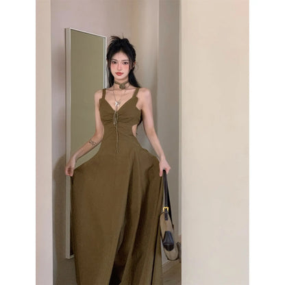 Women A-line Evening Dress Y2k Vintage Sleeveless One Piece Frocks Elegant Hollow Out Lace-up Luxury Long Dresses 2000s Clothes