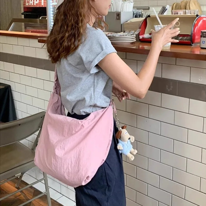 Cute Pink Shoulder Bag Women Pleated Solid Color College Style Fashion Tote Bag Large Capacity Drawstring Elegant Handbag