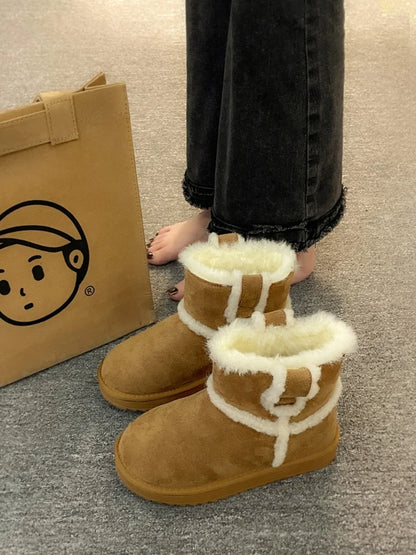 Flat Heel Snow Boots For Women Shoes Round Toe Winter Footwear Boots-Women Plush Ladies Low Fur Fabric Solid Rome Basic La