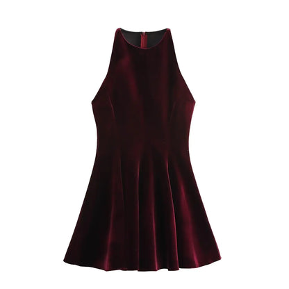 Sleeveless Velvet Belted Fit and Flare Skater Mini Dress