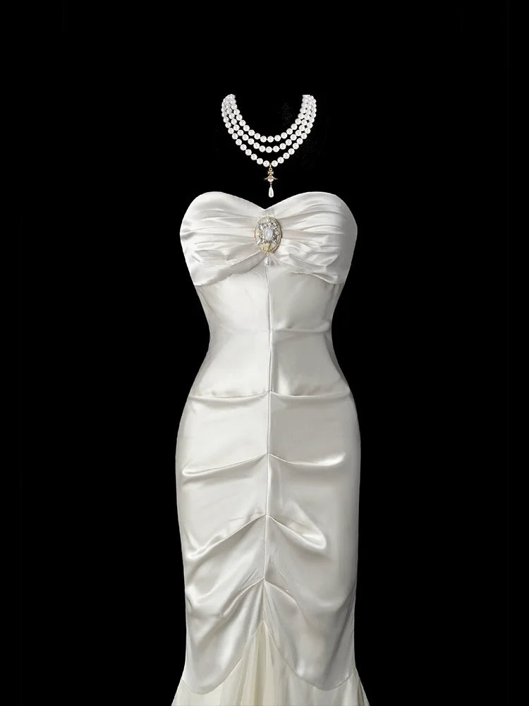 Satin White Evening Dress Wrap Hips Backless Strapless Sleeveless Fishtail Pleats Sweetheart Neck Birthday Party Prom Gown