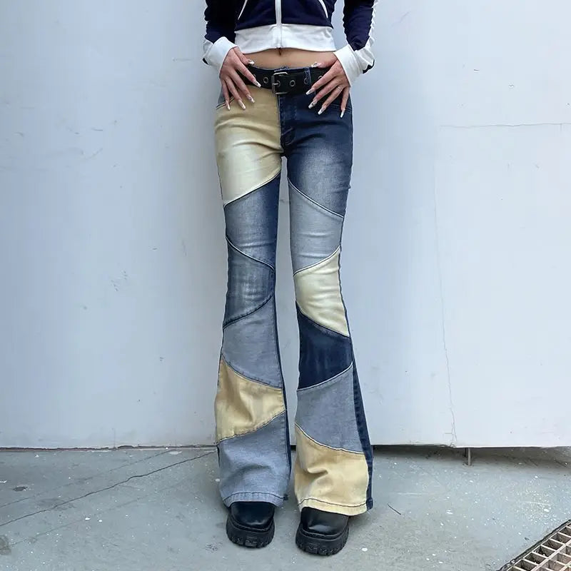 Flare Jeans Contrast Patchwork Low Waist Women'S High Street Vintage Y2K Skinny Blue Denim Trouser Harajuku Outfits