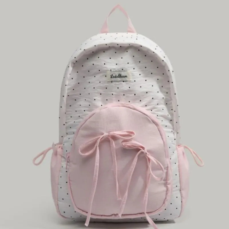 Patchwork Contrast Color Dot Bow Backpack Woman Kawaii Cute Y2K Aesthetic Sweet Schoolbag Ladies High Capacity Chic Mochila 2025