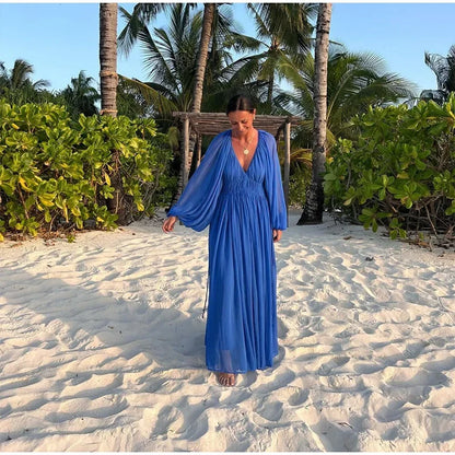 Elegant Pleated Long Dress Women Loose V Neck Long Sleeves High Waist Vestidos Female 2025 Summer Holiday Solid Evening Dresses