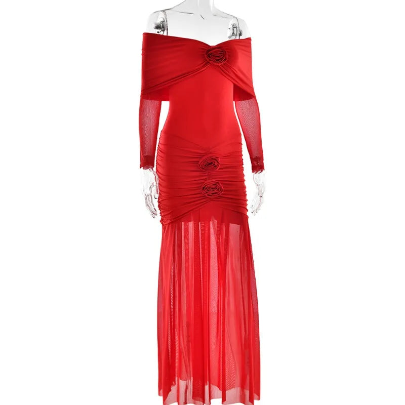 Off Shoulder Long Sleeve 3D Floral Rosette Mermaid Maxi Gown