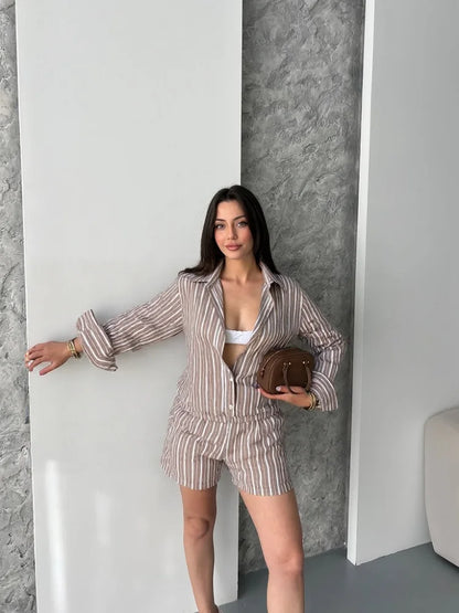 Casual Stripe Women Overalls Shorts Chic Long Sleeve Lapel Single Button Short Female Jumpsuit 2025 Summer Lady Street Romper