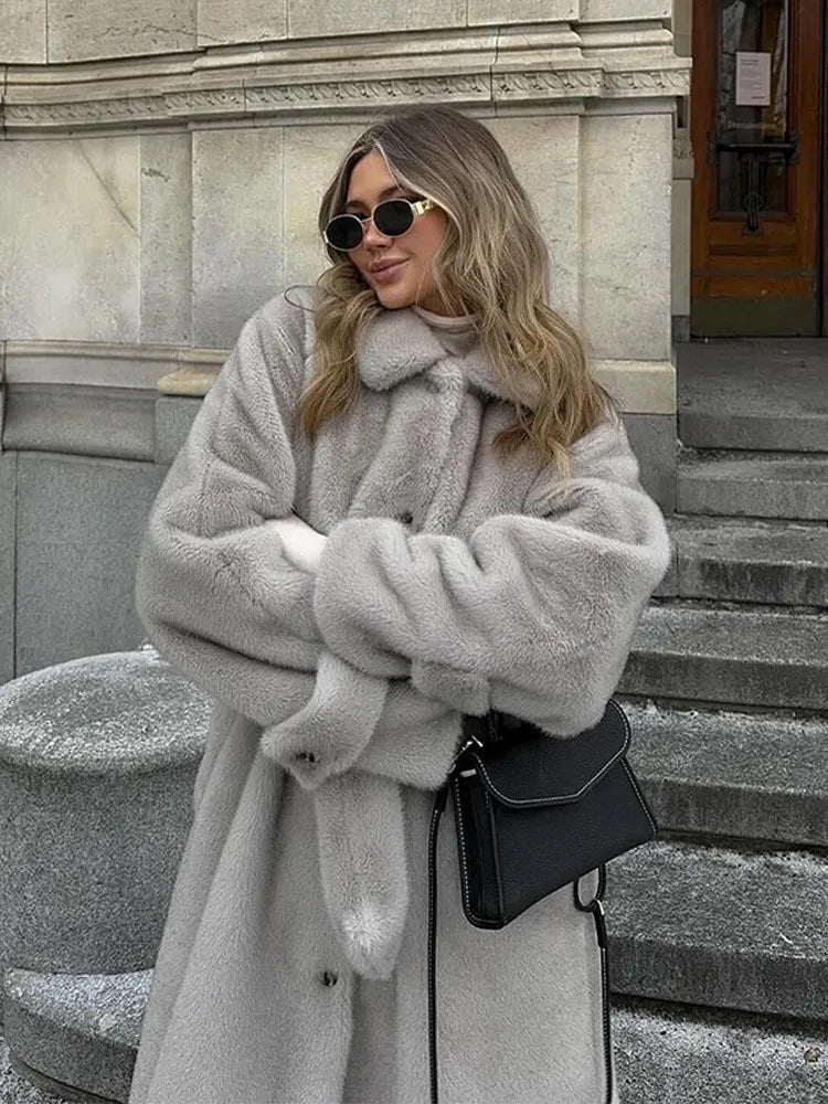 Elegant Thicken Warm Plush Faux Fur Long Coat Women Chic Single Breasted Lapel Overcoat With Belt New Lady Winter Fluffy Outwear