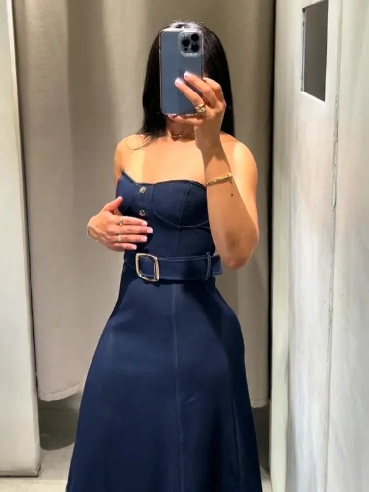 Elegant Off Shoulder Belt Women's Denim Dress Solid Backless Sleeveless Strapless A-line Dresses 2025 Summer Fashion Lady Robes