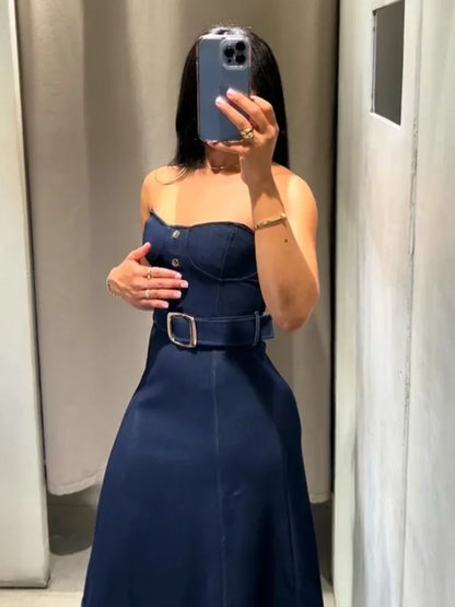 Elegant Off Shoulder Belt Women's Denim Dress Solid Backless Sleeveless Strapless A-line Dresses 2025 Summer Fashion Lady Robes
