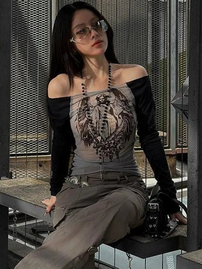 Knitted Mesh Character Print Sheer Top