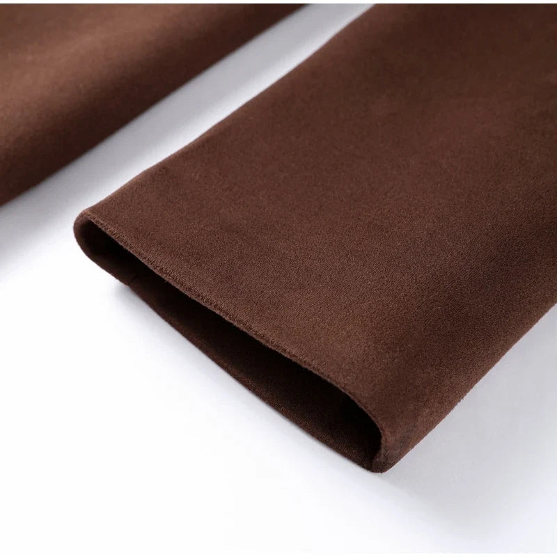 Suit Suede Leather Coat Women Brown Lapel Pocket Single Button Mid Length Jackets 2025 Spring Vintage Fashion Lady Outwear Top