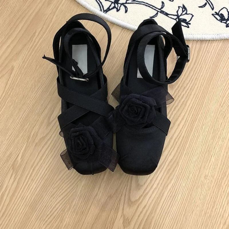 New Fashion Flower Square Toe Shallow Shoes Women Buckle Vintage Suede Autumn Women's Party Comfort Ballerinas Shoes
