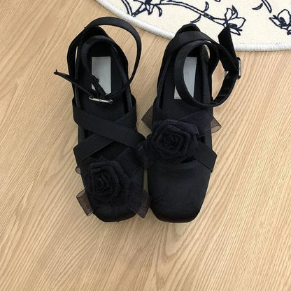 New Fashion Flower Square Toe Shallow Shoes Women Buckle Vintage Suede Autumn Women's Party Comfort Ballerinas Shoes