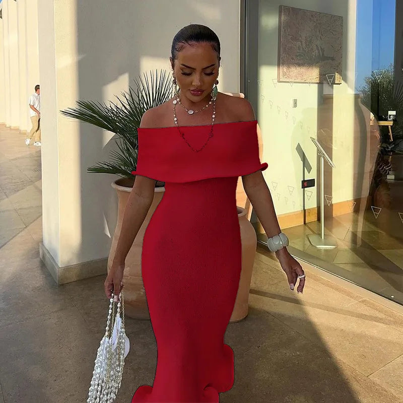 Off Shoulder Ruffle Bardot Mermaid Hem Bodycon Midi Dress
