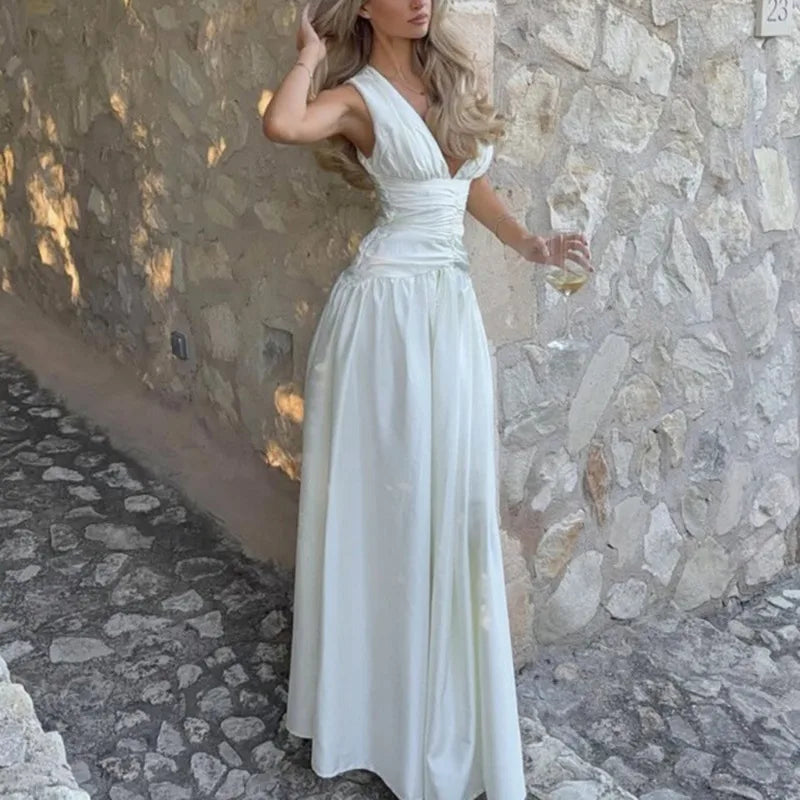 Women's White Maxi Dresses Sexy V-Neck Ruched Patchwork Backless Dress New Summer Elegant Women's Party Dress Vestidos