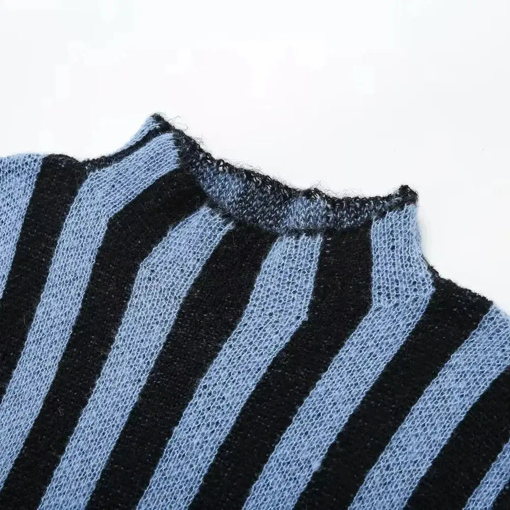 Women Half High Collar Side Slit Hem Sleeveless Sweater Robe Autumn Sexy Contrast Color Striped Knit Dress