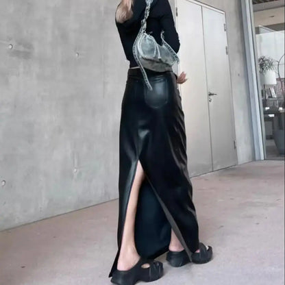 Sexy Black Back Slit PU Leather Pencil Skirt With Belt Women Package Hips Maxi Long Skirts