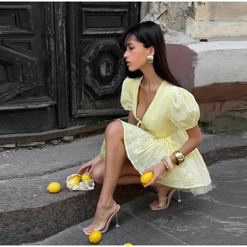 Elegant Embroidery Hollow Out Short Dress Slim V-neck Puff Sleeve Pleated A-line Dresses 2025 Summer Lady Yellow Party Robes