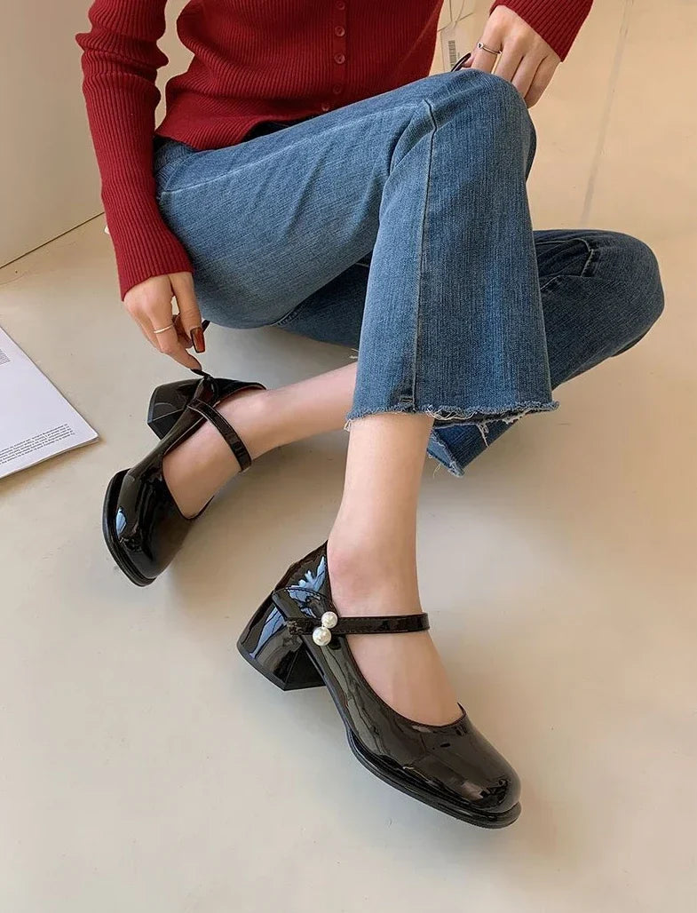 Pearl Square Toe Beige Women's Shoes Mary Jane With Medium Heels Chunky Luxury Leather Casual Japanese Style Lolita Gothic E 39