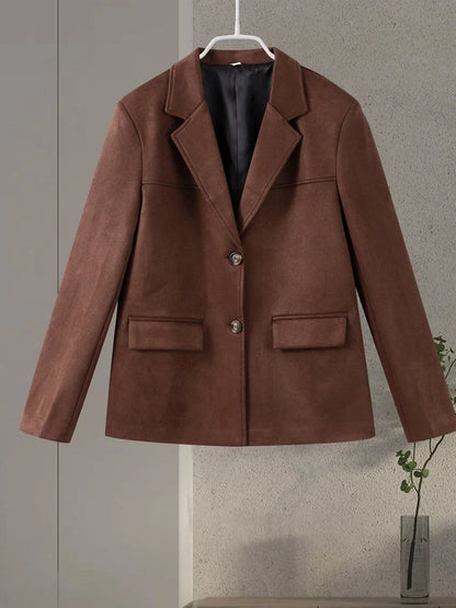 Suit Suede Leather Coat Women Brown Lapel Pocket Single Button Mid Length Jackets 2025 Spring Vintage Fashion Lady Outwear Top