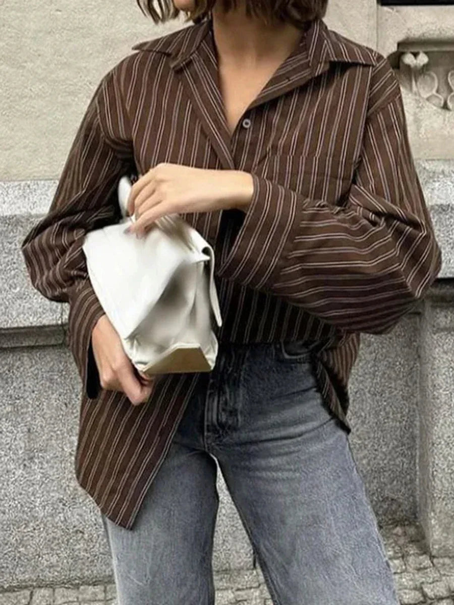 Vintage Solid Striped Pocket Blouse Women Single Breasted Long Sleeve Loose Tops Shirt 2025 Spring New Streetwear Casual Blouses