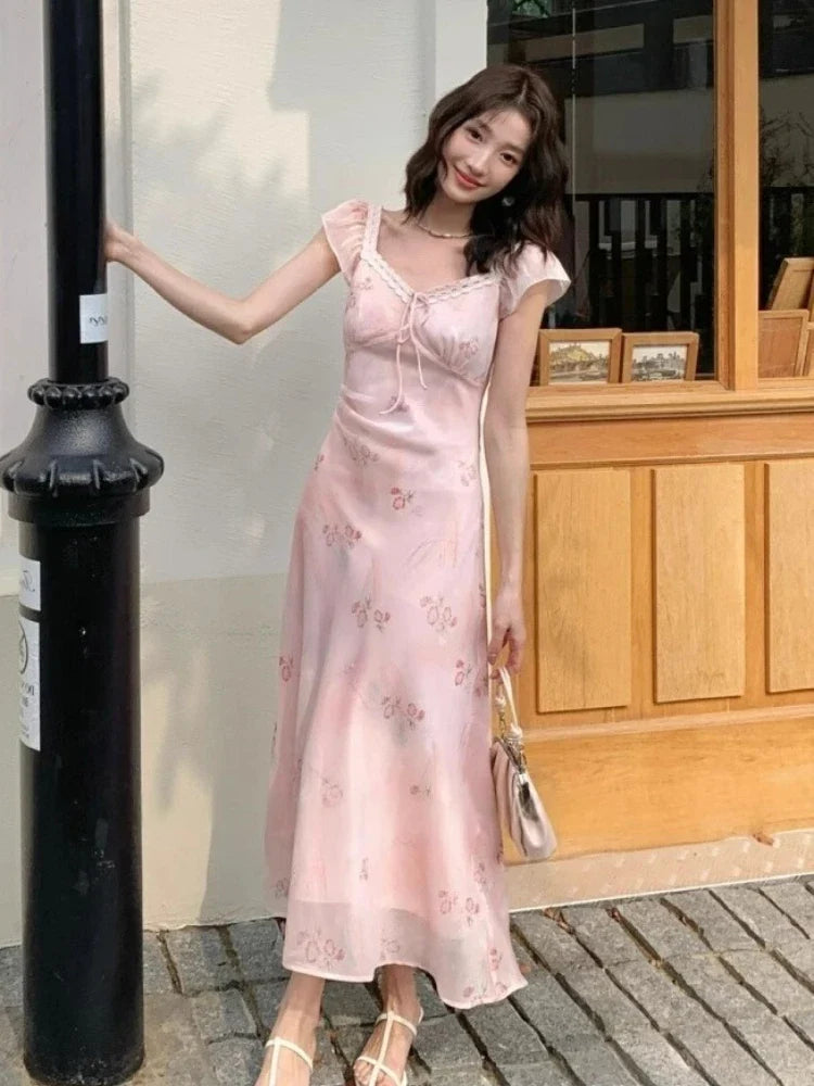 French Holiday Style Sweet Summer Dresses Women New Fashion Floral Pink Chic Long Dress Female Elegant Korean Popular Clothes