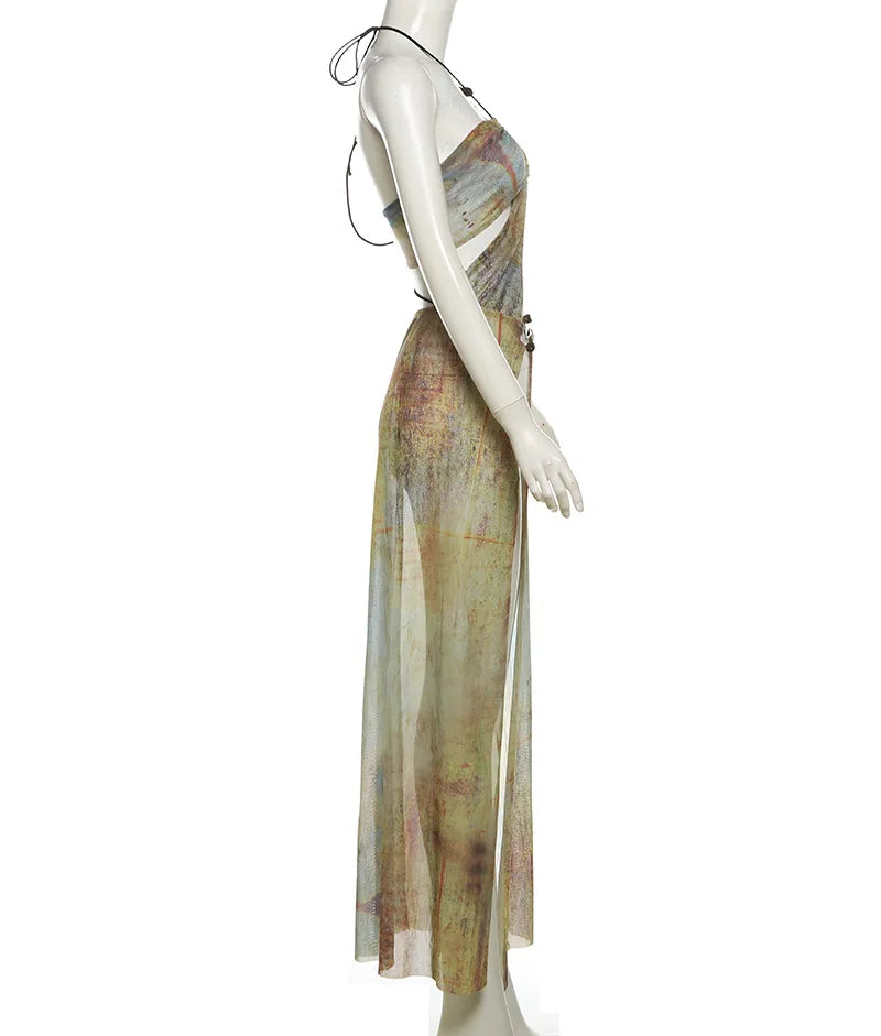 Tie Dye Print Women Sexy Vacation Maxi Dress Cut Out Lace Up Halter Backless Split Club Party Long Robe Beach Outfits Vestidos