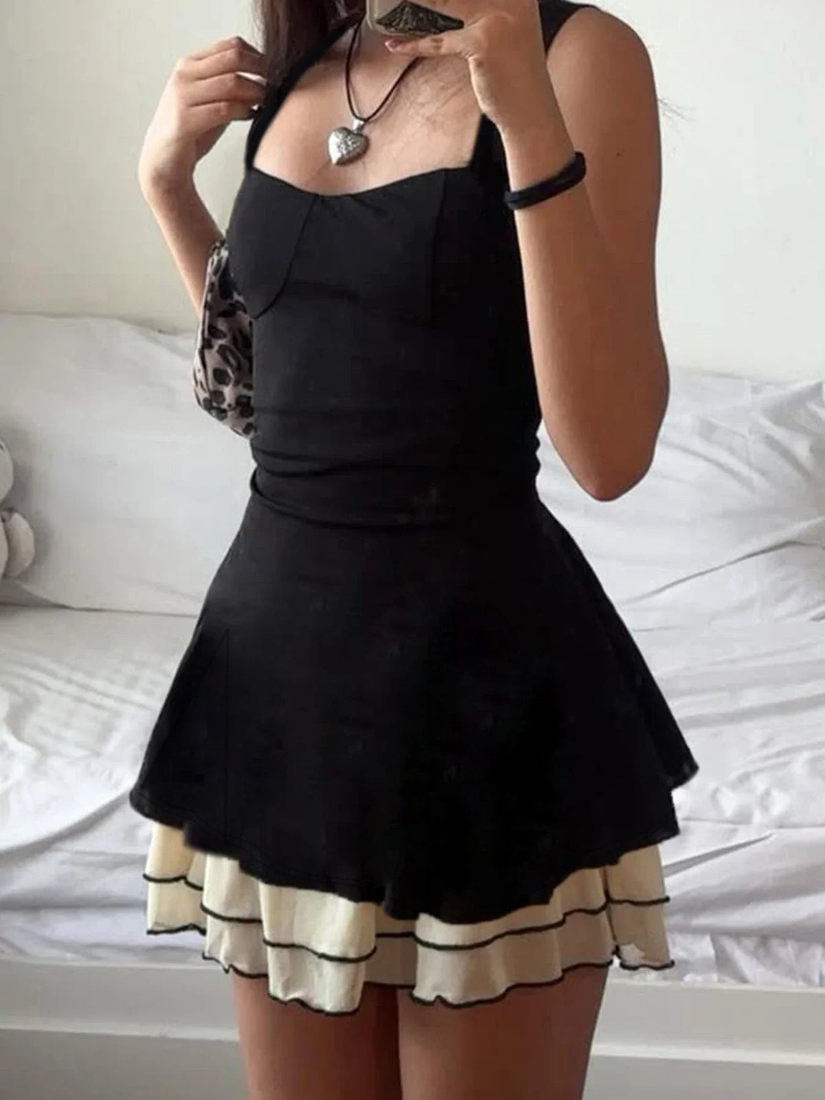 Elegant Fairycore Grunge Dress Women Hotsweet Pastel Goth Aesthetic Spaghetti Strap High Waist Patchwork A-line Dress