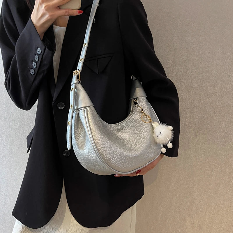 Silver PU Leather Shoulder Bags For Women 2024 Y2K Large Capacity Female Underarm Crossbody Bag Handbag Sac A Main