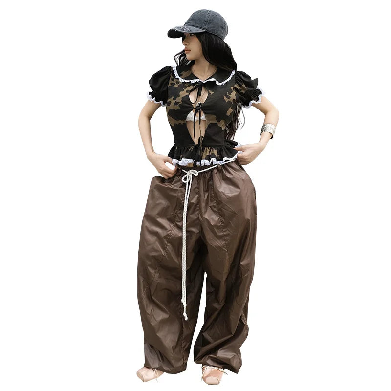 Women's Streetwear Pants Influencer Loose Casual Pleated Waist Hanging Rope Decoration Windproof Pocket Long Trousers Pants
