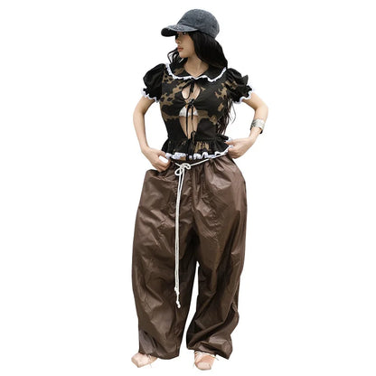 Women's Streetwear Pants Influencer Loose Casual Pleated Waist Hanging Rope Decoration Windproof Pocket Long Trousers Pants