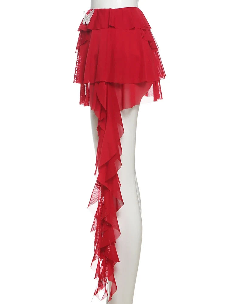 Chic Sexy 2-Piece Set Women Halter v-Neck Backless Folds Lace Vest+Tierred Tassels Butterfly Skirts Matching Party Suits