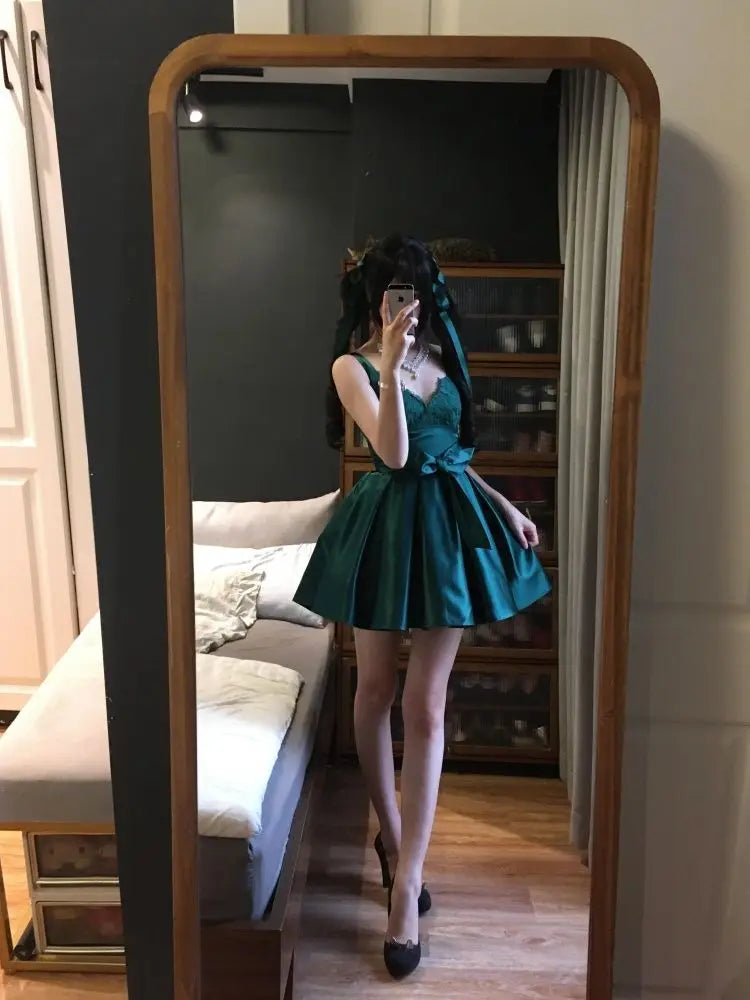 Lace Suspender Satin Dress Summer New Delicate Bow Waist Pleated Skirt