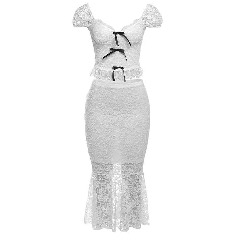 2 Piece Set Women's Lace Bow Top V-Neck Backless Top Slim Hip-Covering Long Skirt Sweet Female Birthday PArty Outfits New