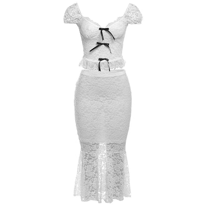 2 Piece Set Women's Lace Bow Top V-Neck Backless Top Slim Hip-Covering Long Skirt Sweet Female Birthday PArty Outfits New
