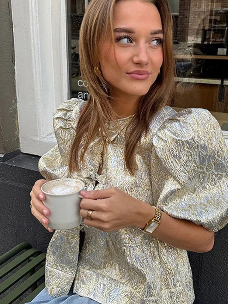 Retro Glitter Lace Up Short Shirt Women Elegant Puffy Sleeve O-neck Shirts Female New Spring Chic Versatile High Street Tops