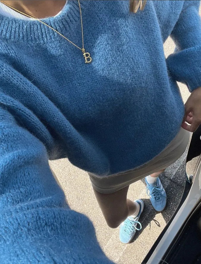 Autumn Women Loose Solid Long Sleeve Sweater Fashion O Neck Blue Knitted Pullover 2024 New Elegant Female Warm Streetwear
