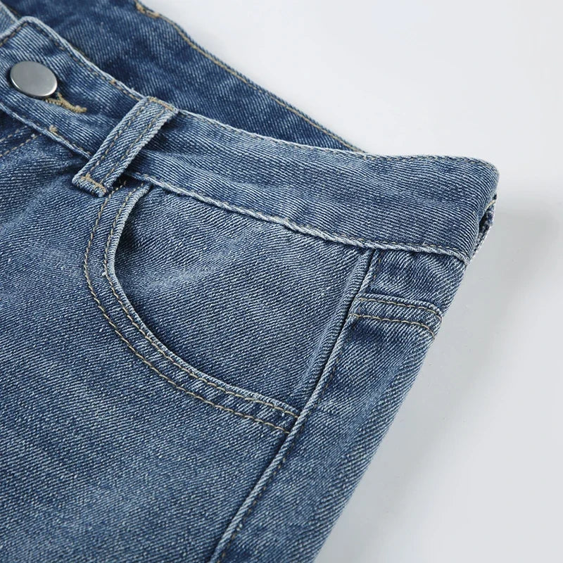 Blue Baggy knee-length Jeans Streetwear y2k High Waist Loose Mid-length Jeans for Women Summer Casual Basic Denim Pants