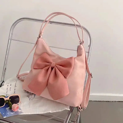 Pink Bow Womens Shoulder Bag Korean Style Fashion Large Capacity Sweet Backpack Cute Exquisite Elegant New Female Tote Bag