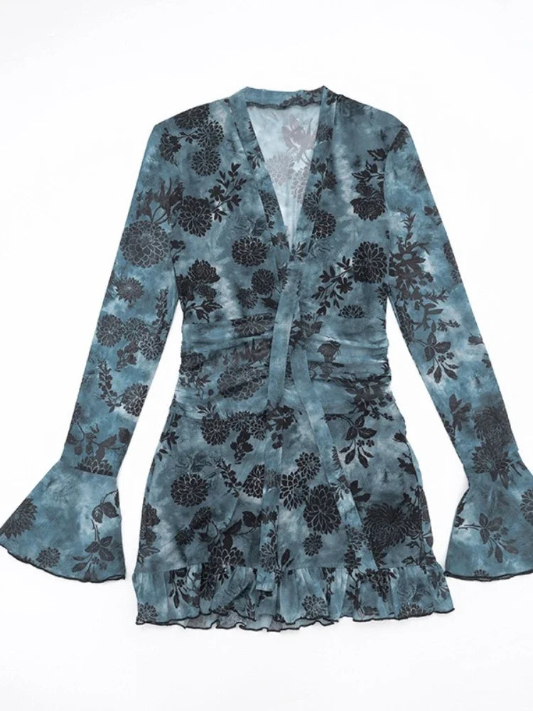 Women's New Printed Mesh Mini Dress Sexy Deep V Neck Long Sleeve Ruched High Waist Slim Fit Ruffle Hem Party Dress Outfits