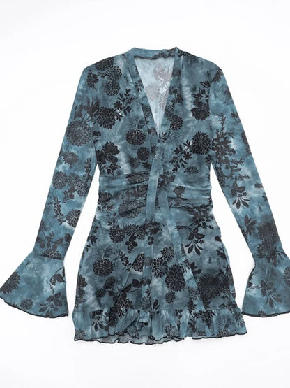 Women's New Printed Mesh Mini Dress Sexy Deep V Neck Long Sleeve Ruched High Waist Slim Fit Ruffle Hem Party Dress Outfits